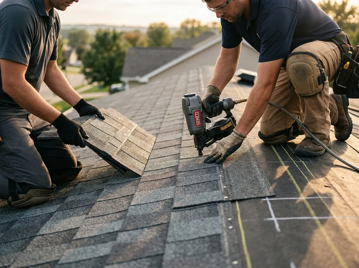 Professional roofer working on a residential roof in Bay Point
